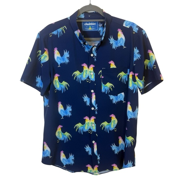 Chubbies Men's Fowl Play Rooster Blue Performance Short Sleeve Shirt Size Medium - Picture 2 of 8